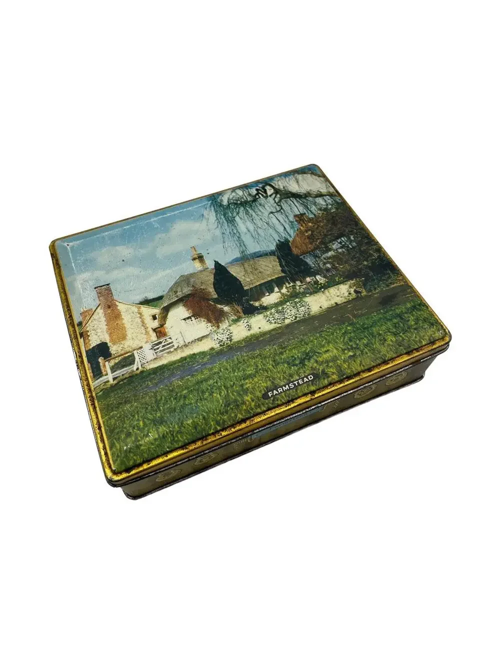 Vintage English Tin Box: Farmstead Countryside Scene